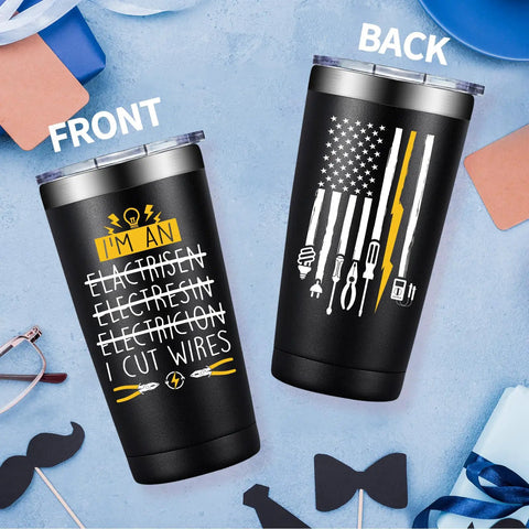 Front and back view of 20oz Electrician Tumbler Gift For Men Hilarious On Site Gear No Brainer Gift For Dad Husband Boyfriend Or Co Worker Electrical Engineer Gift Christmas Birthday Fathers Day