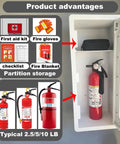 Heavy Duty Durable Metal Fire Extinguisher Cabinet With Magnetic Door And Acrylic Window Holds 2 5 10 Lb Extinguishers Plus First Aid Kit Semi Recessed Or Wall Mount For Indoor And Outdoor White showing product features.