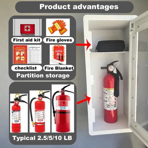 Heavy Duty Durable Metal Fire Extinguisher Cabinet With Magnetic Door And Acrylic Window Holds 2 5 10 Lb Extinguishers Plus First Aid Kit Semi Recessed Or Wall Mount For Indoor And Outdoor White showing product features.