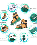 Lawn Aerator Shoes With 26 Spikes For Easy Yard Aeration And Deep Soil Breathing, shown with assembly steps and features.