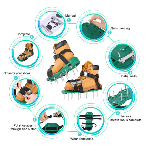 Lawn Aerator Shoes With 26 Spikes For Easy Yard Aeration And Deep Soil Breathing, shown with assembly steps and features.