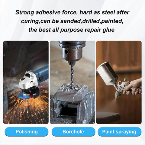 Heavy Duty Metal Epoxy Glue Waterproof Liquid Welding Adhesive for DIY Automotive Body Filler and Exhaust Repair Kit use in polishing, drilling, and painting.