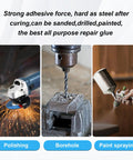 Heavy Duty Metal Repair Glue 1.76oz Epoxy Weld demonstrating polishing, borehole drilling, and paint spraying on metal surfaces.