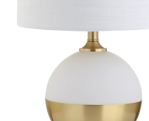 White And Brass Gold Ceramic Table Lamp With White Linen Drum Shade, Sleek Modern Glam Nightstand Light, gold finial, close-up