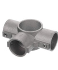Brushed Aluminum Center Cross Brace Fitting Links 1-5/8 Vertical Pipes To Three 1-1/4 Horizontal Rails cranked down for stability.