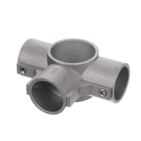 Brushed Aluminum Center Cross Brace Fitting Links 1-5/8 Vertical Pipes To Three 1-1/4 Horizontal Rails cranked down for stability.