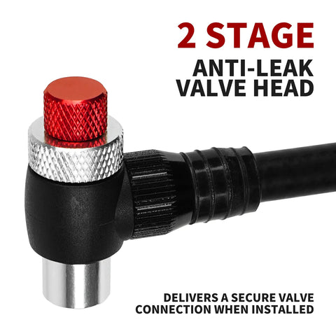 Close-up of anti-leak valve head on Portable Bike Fork And Rear Shock Pump 400 PSI With 1.5 Inch Gauge Micro Air Adjust Button Swivel Hose