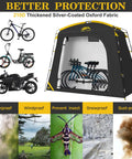 Travel Bike Storage Shed Tent With 40 Percent More Top Space Waterproof Portable Bike Shelter for 2-5 bikes showing protection features.