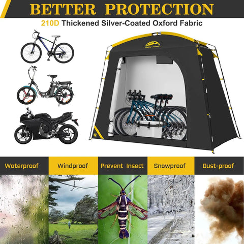 Travel Bike Storage Shed Tent With 40 Percent More Top Space Waterproof Portable Bike Shelter for 2-5 bikes showing protection features.
