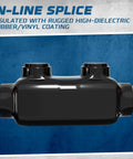 Four Pack Inline Splice Connector For Two Zero To Six AWG Cables Black Insulated With Three Sixteenths Inch Allen Hex Screw Rugged Dielectric Rubber Vinyl Coating UL Listed Up To Six Hundred Volts Temperature Range Minus Forty Nine To Ninety Four showing rugged rubber coating