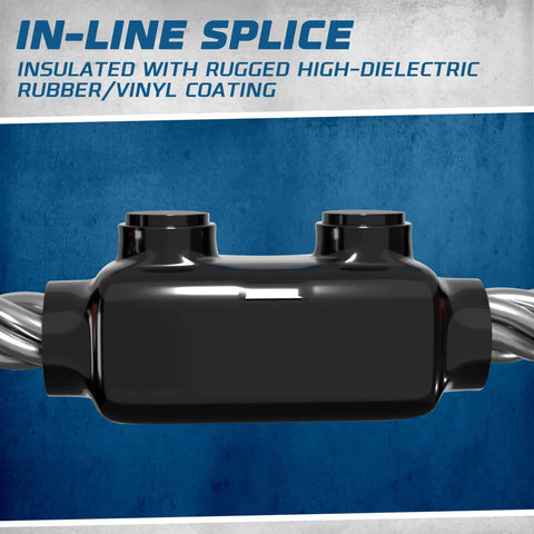 Four Pack Inline Splice Connector For Two Zero To Six AWG Cables Black Insulated With Three Sixteenths Inch Allen Hex Screw Rugged Dielectric Rubber Vinyl Coating UL Listed Up To Six Hundred Volts Temperature Range Minus Forty Nine To Ninety Four showing rugged rubber coating