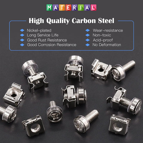 Rock Solid Heavy Duty M5 And M6 Cage Nut Screw Kit With Washers Square Hole Rack Mount Hardware For Server Cabinets Top Shelf 160 Piece Kit showing nickel-plated screws and cage nuts.