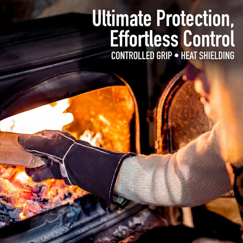 Person using Heat Resistant Fireplace Gloves 14 Inch Fireproof Leather For Fireplace Fire Pit Wood Stove Campfire BBQ Grill Welding Oven Use Tough All Around Grip Ready Heat Shield Gear For Men Gift to load wood into a fire.