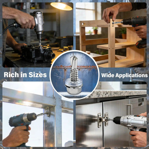 900 Piece Stainless Steel Self Tapping Screws Set With Hex Washer Head Self Drilling Sheet Metal Screws Assortment Kit in use