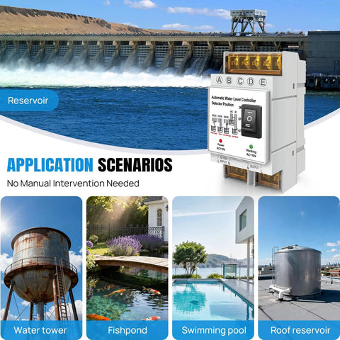 Automatic Water Level Controller 110V With 6.5 Foot Liquid Level Sensor shown near reservoirs, water towers, and pools.