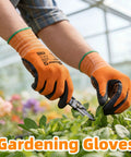 Foam Nitrile Coated Safety Gardening Work Gloves With MicroDot Grip in use, showing orange color and flexibility in a garden setting.