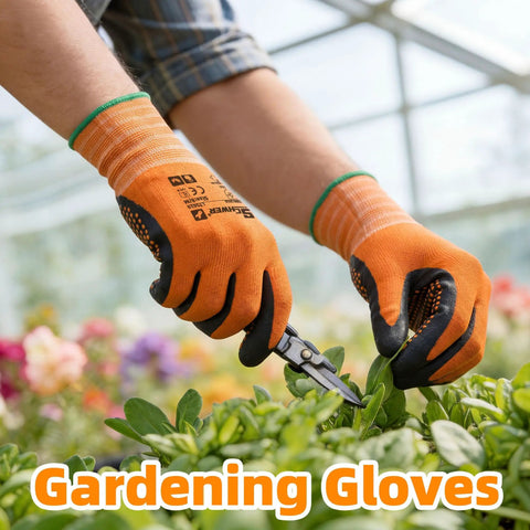 Person wearing nitrile coated safety work gloves with microfoam palm and microdot grip pruning plants in a garden.