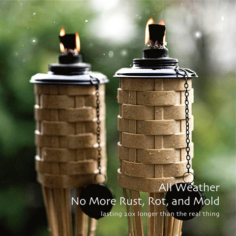 Close-up of two lit Bamboo Tiki Torches Outdoor Citronella Torches Weathered Color 4 Pack Large Patio Torches, highlighting woven design.