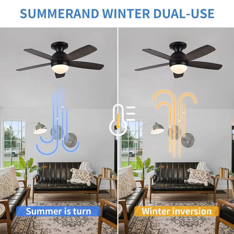 52 Inch Flush Mount Ceiling Fan With Remote And Dimmable Lights In Matte Black, summer and winter use, five blades in living room