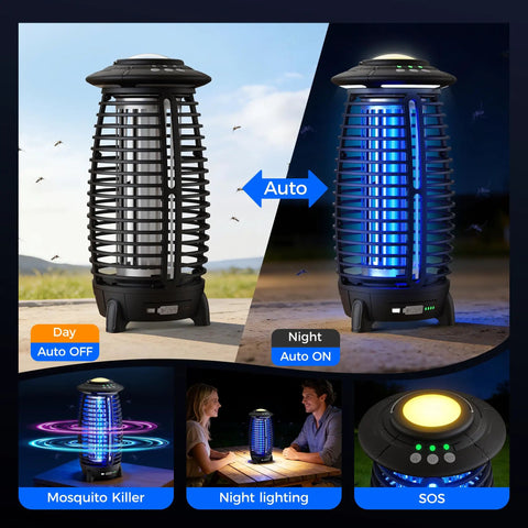 Cordless 4-In-1 Bug Zapper For Outdoor Use, Mosquito Trap With 4000mAh Battery, showing day and night modes, outdoor setting