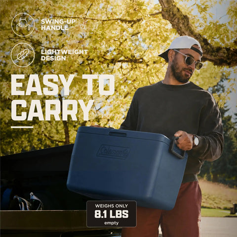 Person carrying 48 Quart Portable Cooler With Ice Retention Up To 60 Hours And TempLock Foam, Leak Resistant Build, Sapphire color
