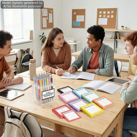 Back To School Must Have 16 Piece Composition Notebook Set With Sticky Notes And Ballpoint Pens on classroom desk