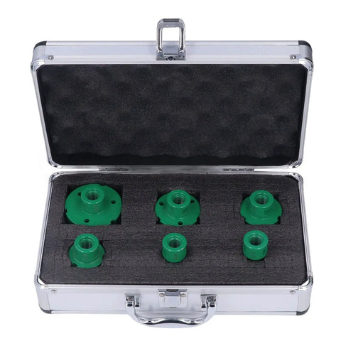 Grab This Pro FTVOGUE Hole Saw Set M14 Drill Bit Kit For Glass And Tile With A Tough Coating For Smooth, Clean Cuts On Marble And Stone Tiles Perfect For Fast Repairs And DIY Home Projects That Need Serious Grit. six green M14 hole saw bits in a case