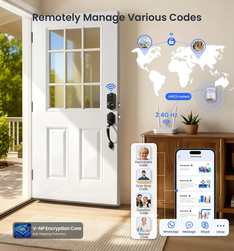 White door with WiFi Smart Fingerprint Front Door Lock Set With Remote App Control Hands Free No Fuss Keyless Entry Deadbolt