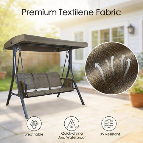 Brenda 3 Seat Outdoor Porch Swing Glider With Adjustable Canopy Heavy Duty Steel Frame in garden setting with fabric close-up