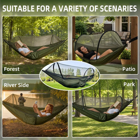 Go To Ultra Lightweight Travel Hammock With Pop Up Bug Net For Backpacking And Camping in forest, patio, river side, park