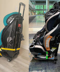 Two-view of Amazon Car Seat Dolly travel cart with car seat; black frame, teal padding, yellow strap securing seat.