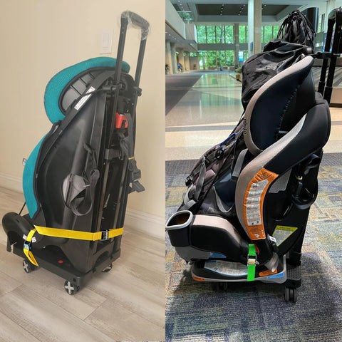 Two-view of Amazon Car Seat Dolly travel cart with car seat; black frame, teal padding, yellow strap securing seat.