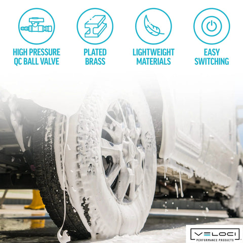 Car being washed with thick foam on wheels; Veloci logo bottom right