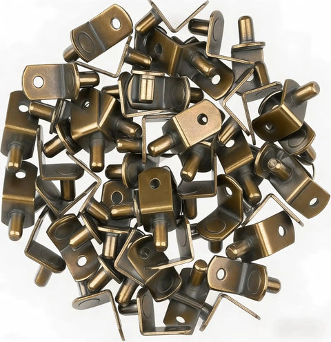 Rock Solid Steel Shelf Pins, Slick Bronze Plated 1/4 Inch Pegs, Heavy Duty Cabinet Retainers For Zero Hassle Storage In Kitchen Closets And Bookcases (40 Piece Set) in a close-up arrangement.