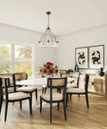 Dining room with Five Light Open French Country Chandelier With 25 Inch Reach In Antique White And Black Finish hanging above table.