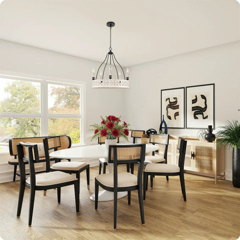 Dining room with Five Light Open French Country Chandelier With 25 Inch Reach In Antique White And Black Finish hanging above table.