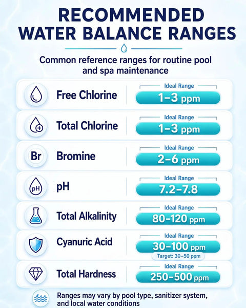 Recommended water balance ranges chart for chlorine, bromine, pH, alkalinity, and hardness for pool maintenance.