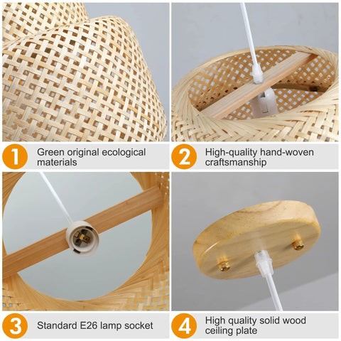 Bamboo Pendant Light Boho Basket Chandelier Handmade Woven Natural Wicker Rattan Hanging Pendant For Kitchen Island Dining Room Living Room Porch Home Decor