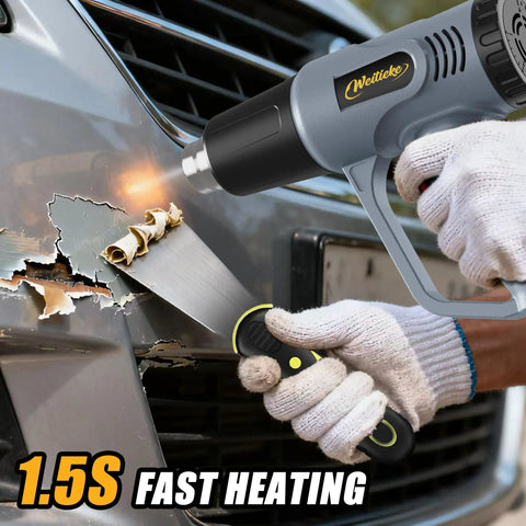 Powerful Dual Temperature Heat Gun With 572F And 1112F Settings Overload Protection Four Nozzles 900 To 1300W Hot Air Tool used for paint removal on car bumper.