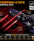 All In One Crimping Tool And Connector Kit With 1720 Pieces, showing wire stripping tool and steps diagram, 30-18 AWG range.