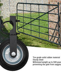 Built Tough 6 Inch Heavy Duty Gate Wheel With Solid Rubber Tire That Won Quit Supporting Up To 500 Lbs On Metal Farm Or Chain Link Fence Fits 1 To 2 Inch Tubes For Relentless Outdoor Duty close-up of sturdy wheel and gate.
