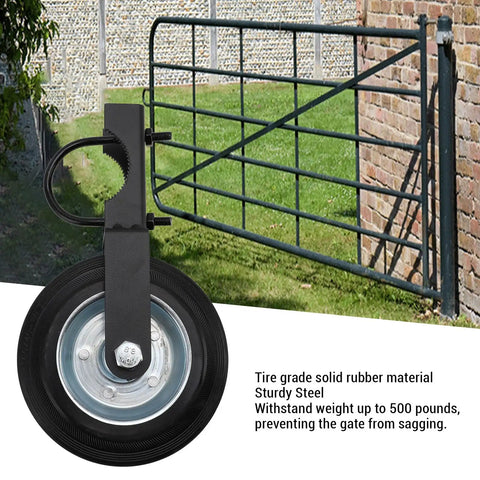 Built Tough 6 Inch Heavy Duty Gate Wheel With Solid Rubber Tire That Won Quit Supporting Up To 500 Lbs On Metal Farm Or Chain Link Fence Fits 1 To 2 Inch Tubes For Relentless Outdoor Duty close-up of sturdy wheel and gate.
