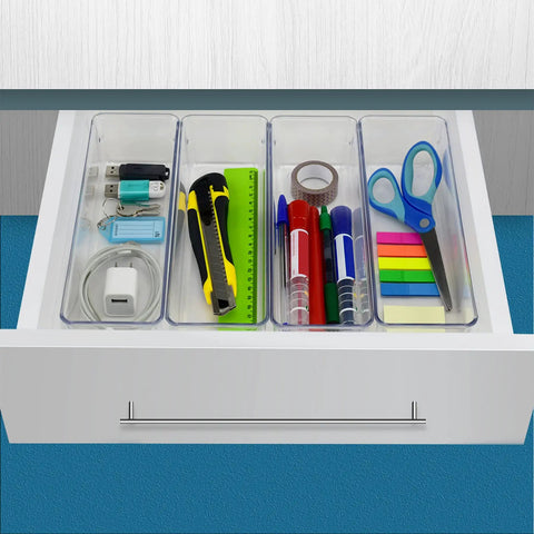 Clear Drawer Organizer Set Four Piece Modular Bins For Office Home Makeup Kitchen And Junk Drawer Storage Crystal Clear Plastic Durable And Stackable For Easy Access Boss Level Neat Drawers with stationery