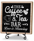 Chill Coffee And Tea Bar Decor Sign Set For Kitchen Or Desk Wooden Tea Station Accessories And Table Decor Themed Gift Idea Includes Sturdy Iron Stand For Easy Display, 5x5 inch on iron stand