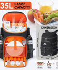 Beast Mode Backpack Cooler Keeps Drinks Ice Cold For Twenty Hours With Hella Leakproof Seals For Hiking Summer Travel Beach Outings Or Weekend Getaways In Durable Black, showing large 35L capacity, bottles, and accessories.