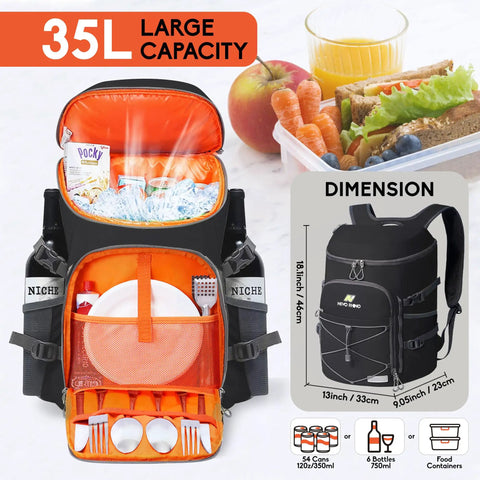 Beast Mode Backpack Cooler Keeps Drinks Ice Cold For Twenty Hours With Hella Leakproof Seals For Hiking Summer Travel Beach Outings Or Weekend Getaways In Durable Black, showing large 35L capacity, bottles, and accessories.