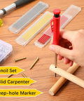 Hand using Three Pack Long-Nosed Carpenter Mechanical Pencils With Built-In Sharpener, 36 Refills, markers for woodworking.