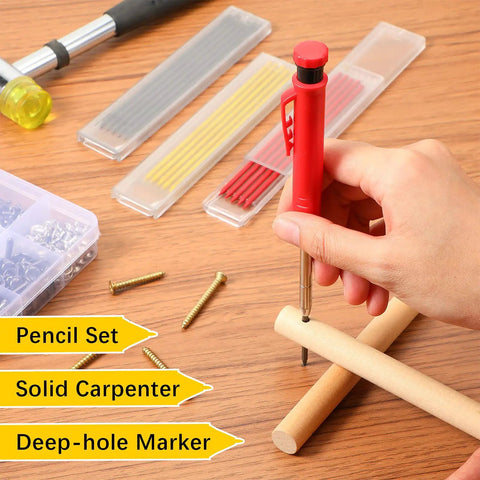 Hand using Three Pack Long-Nosed Carpenter Mechanical Pencils With Built-In Sharpener, 36 Refills, markers for woodworking.