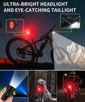 Rechargeable USB-C Bike Headlight with 4000LM front light on mountain bike in night setting, taillight for visibility