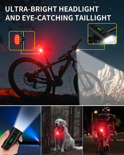 Rechargeable USB-C Bike Headlight with 4000LM front light on mountain bike in night setting, taillight for visibility